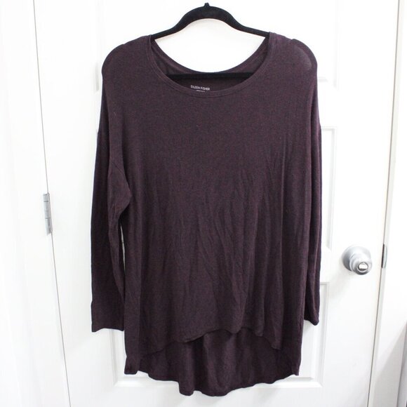 Eileen Fisher Size Medium Long Sleeve Scoop Neck Shirt Plum High Low - Picture 2 of 4